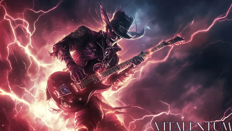 Demonic cowboy guitarist shredding through neon lightning storm.