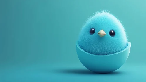 Fluffy blue bird sits in a half egg on a minimal teal background
