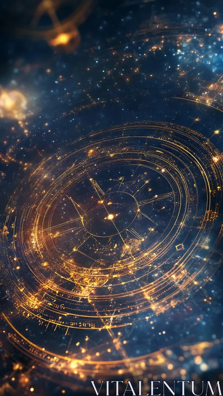 Golden astral interface renders concentric data orbits in space
