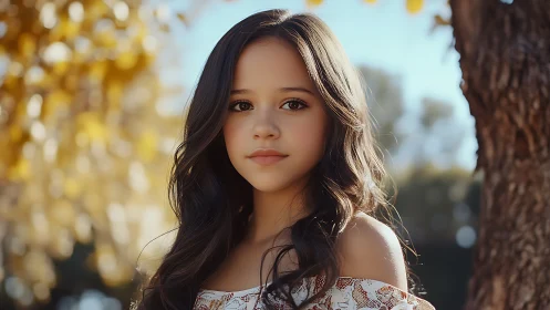 Young woman with dark wavy hair in natural outdoor lighting