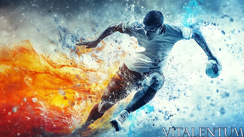 Rugby player running through explosive fire and water splash.