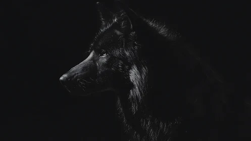 Shadowed black wolf profile emerges from deep darkness.