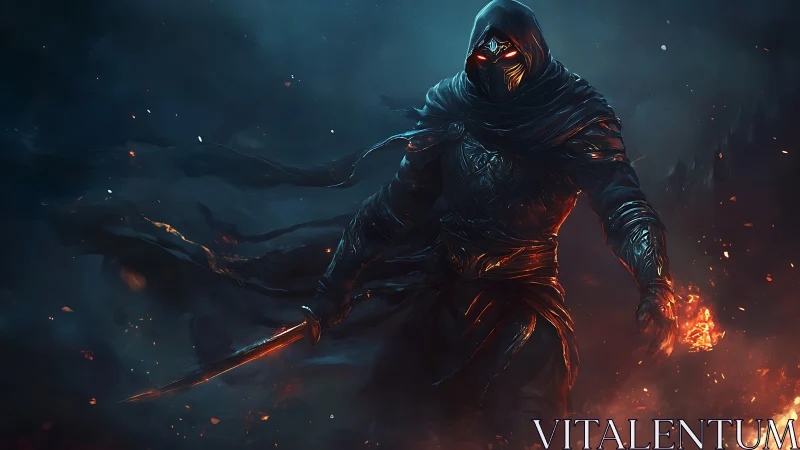 Hooded armored figure with sword in fiery dark landscape.