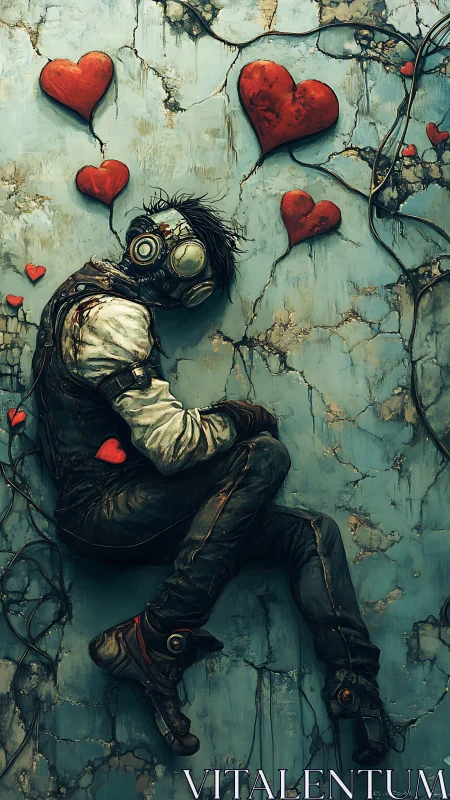 Figure in gas mask against cracked wall with red hearts.