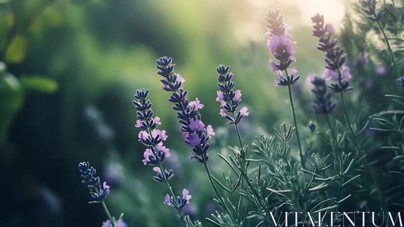 Lavender flowers in soft focus bloom with purple petals against blurred green foliage backdrop