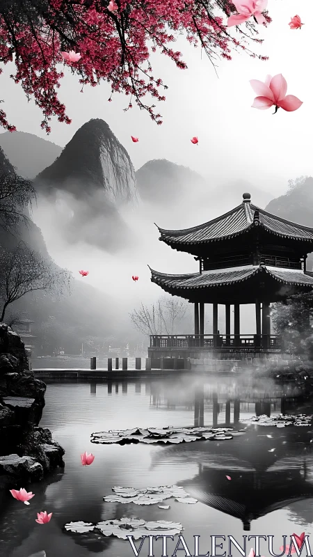 Blossom petals rewrite silence above the misted pavilion