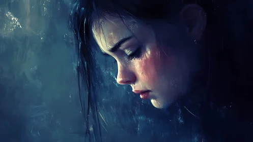 Side profile of young woman rendered in cool digital tones