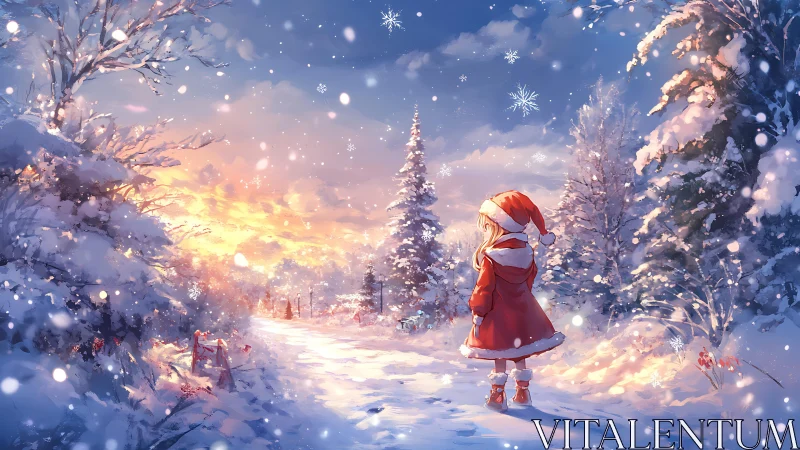 Backlit winter landscape frames solitary child in red coat at dusk