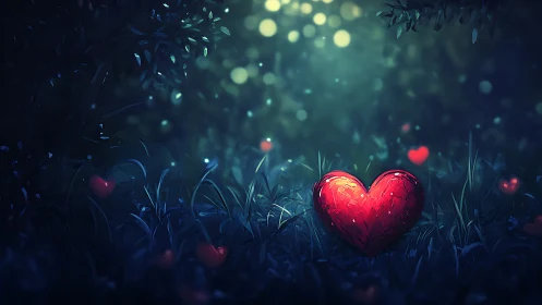 Glowing Heart in Darkness. A magical heart shines beneath the stars.