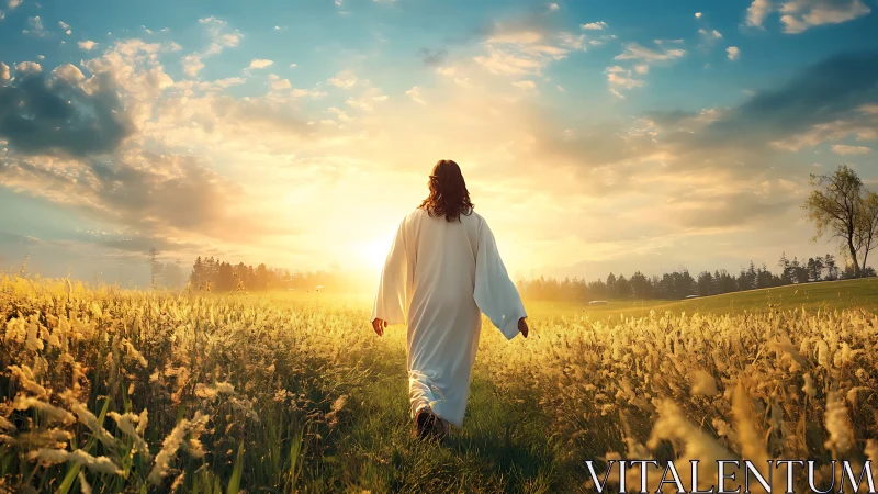 Figure in white walking toward a peaceful golden sunrise.