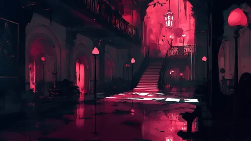 Crimson echo hall where haunted chandeliers quietly burn.