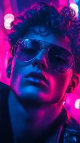 Neon-drenched cyberpunk portrait with reflective aviator lenses.