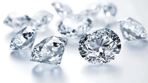 Cut diamonds on reflective surface in controlled lighting.