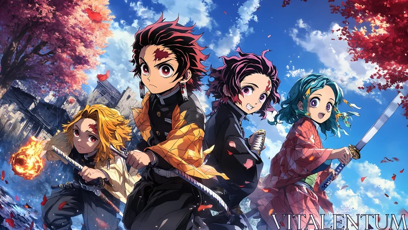 Dynamic anime swordsmen advance under vivid autumn sky
