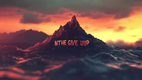 Surreal seascape mountain with glowing text message slogan.