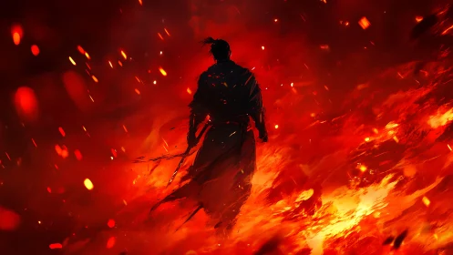 Silhouetted warrior advances through incandescent inferno field