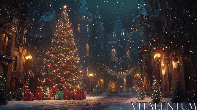 Snowy cobblestone street framed by illuminated Christmas tree and gifts