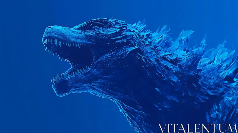 Monochrome blue reptilian kaiju profile with jagged dorsal fins.
