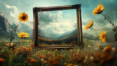 Framed alpine valley landscape merges with wildflower meadow