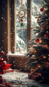 Snowy Christmas tree by window with glowing ornaments.