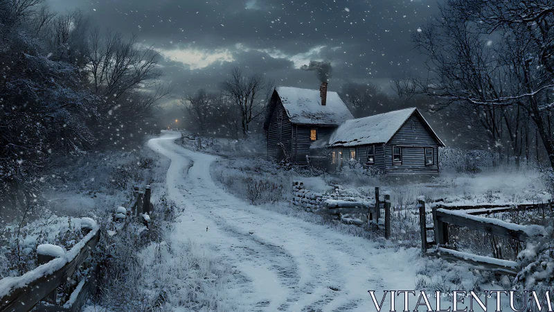 Snowy country lane welcomes a warm farmhouse at dusk