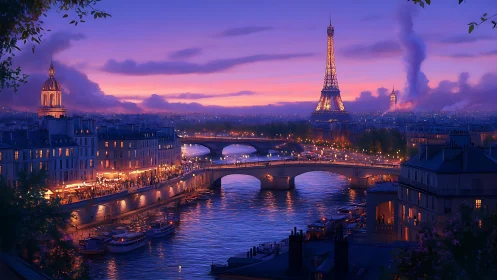 Romantic evening cityscape with river, bridges, and tower.