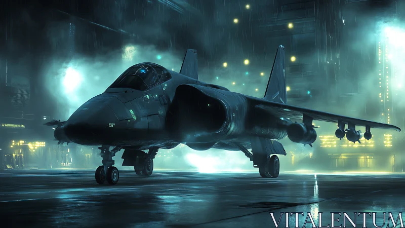 Sleek futuristic jet resting in a glowing rainy hangar.