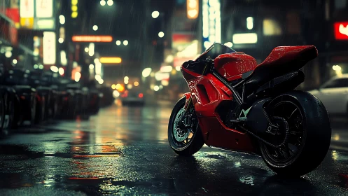Red superbike stands in neon rain on futuristic city street