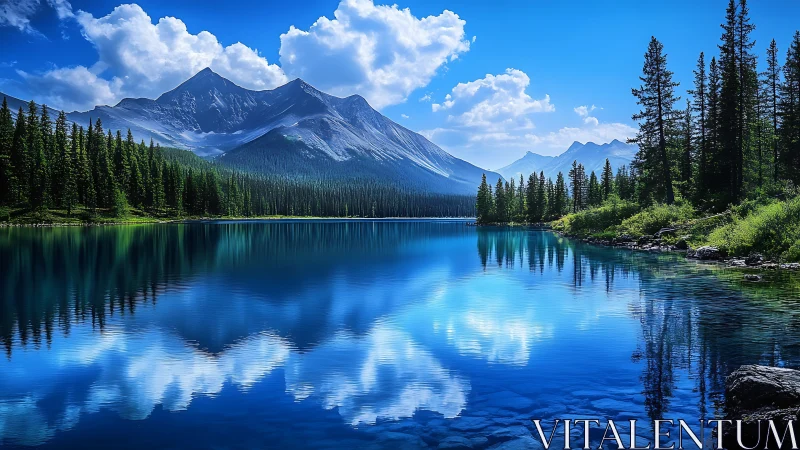 Mirror lake beneath sunlit alpine peaks and pine forest.