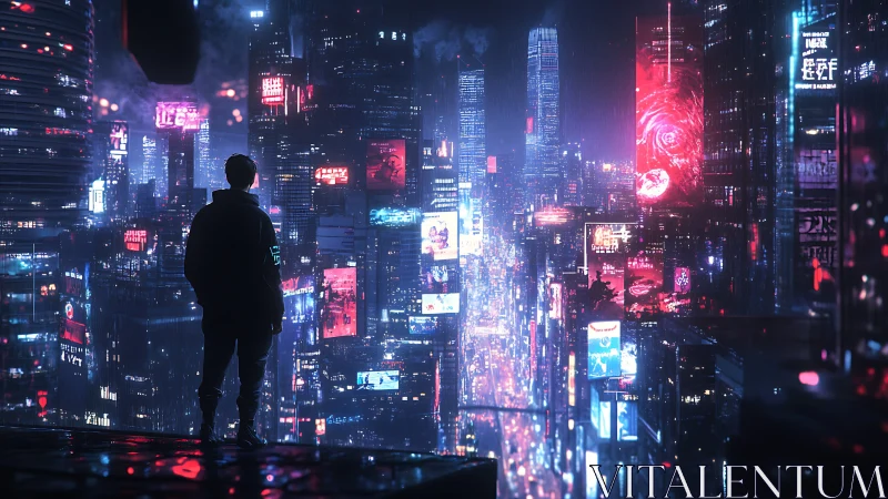 Lone figure surveys neon cyberpunk megacity in hazy rain