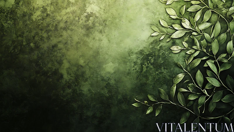 Diagonal leafy branch overlays textured green tonal background
