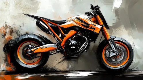 Dynamic KTM-style supermoto rendered in high-contrast digital brushwork