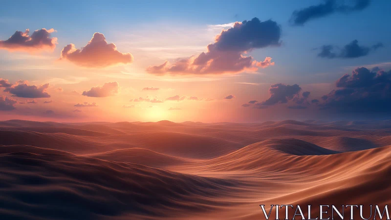 Sunset light over soft desert dunes under vivid clouds.