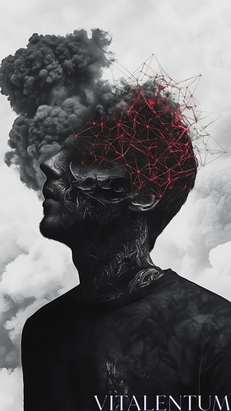 Surreal profile portrait visualizes a mind in storm and code.