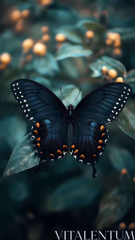 Dark butterfly rests on leaf against defocused garden background