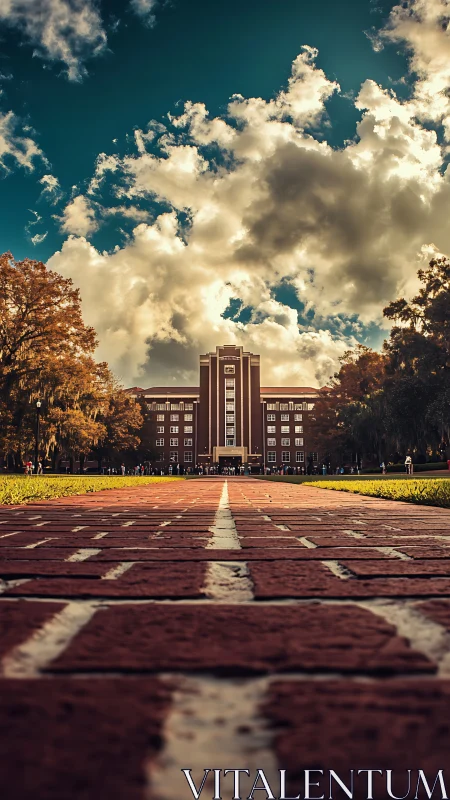 Brick walkway leads to symmetric campus building under clouds