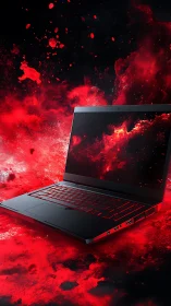 Midnight gaming laptop surrounded by blazing red energy.
