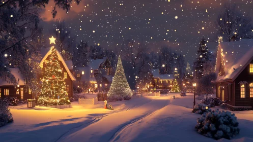 Snow-dusted village glows while Christmas lights quietly sing