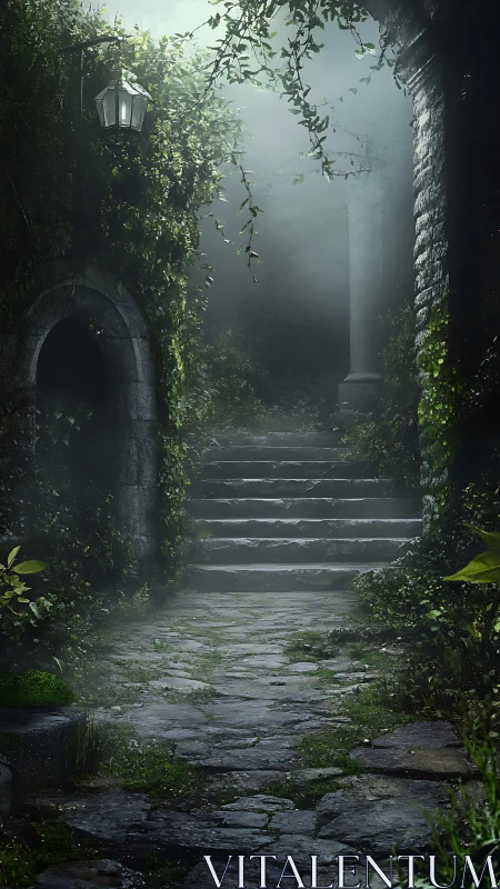 Stone stairway ascends through overgrown, misted courtyard