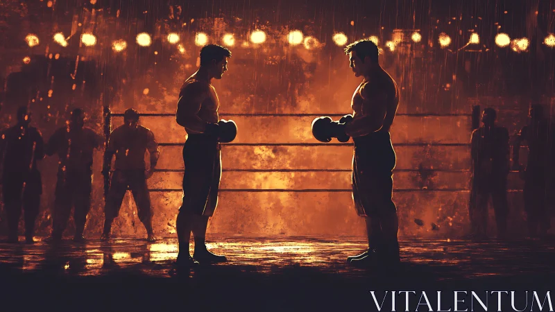 Two Boxers Face Off in the Ring Under Golden Lights.