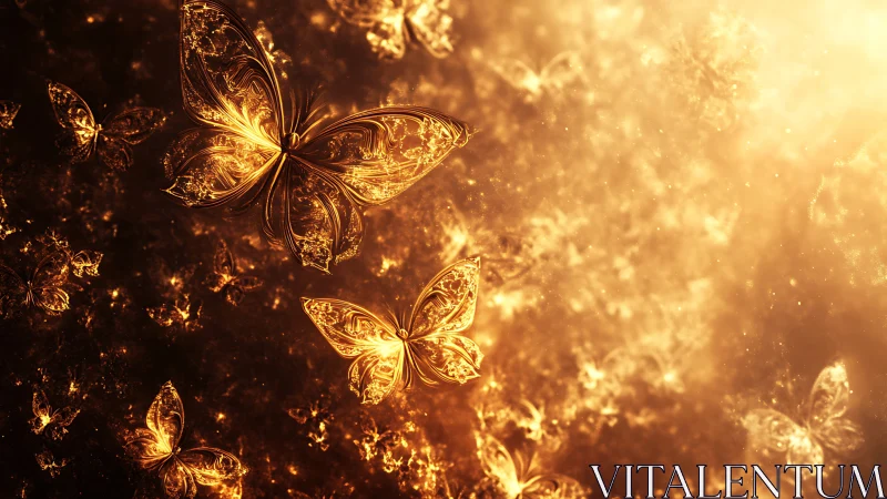 Luminous golden butterflies drift through radiant fractal haze.