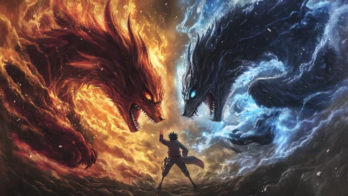 Elemental fire and ice wolf titans confronting lone warrior