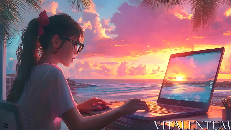Sunlit remote work scene with neon-infused tropical sunset.