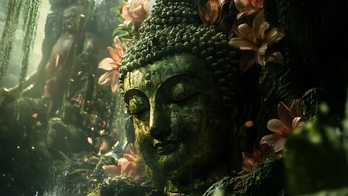 Moss-clad Buddha relief with bioluminescent jungle florals.