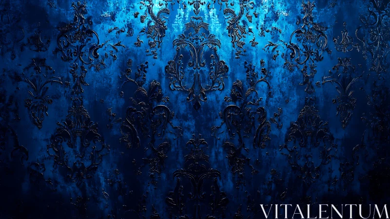 Baroque damask embossing on luminous cobalt textured ground.