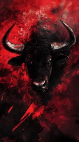 Bull head emerges through abstract red ink splatter field.