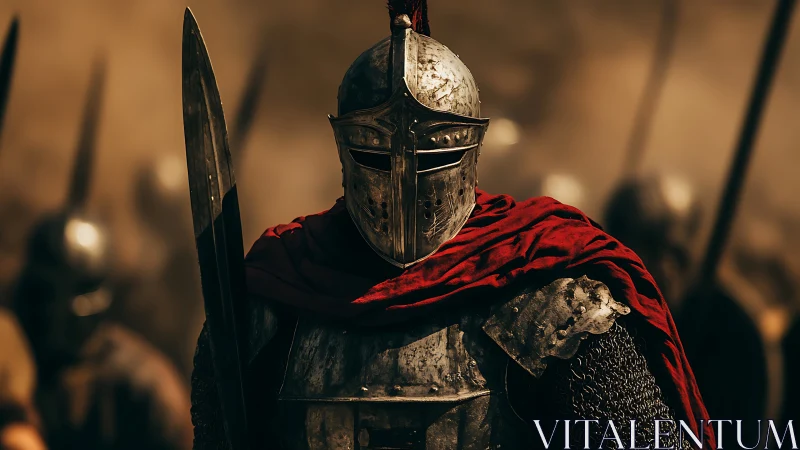 Medieval plate-armored knight with sword and crimson cloak