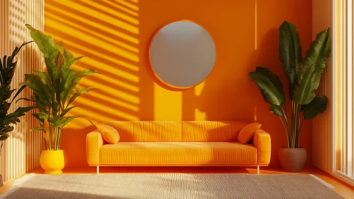 Monochrome orange living room with sofa, plants, and round mirror