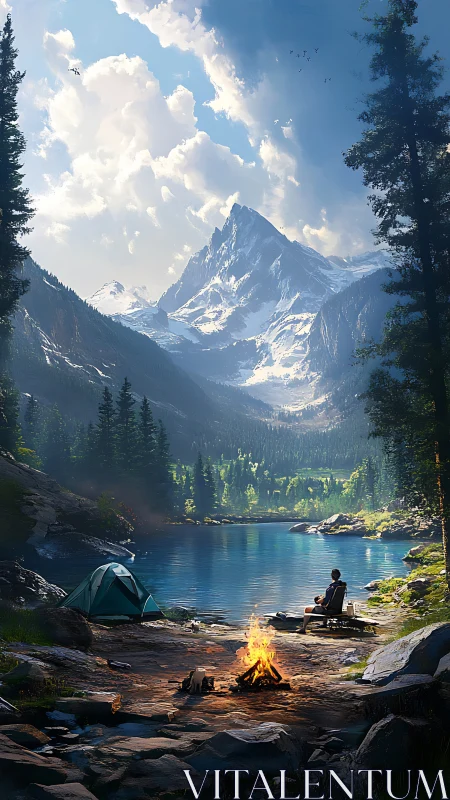 Lakeside mountain camp glows under towering alpine peaks.