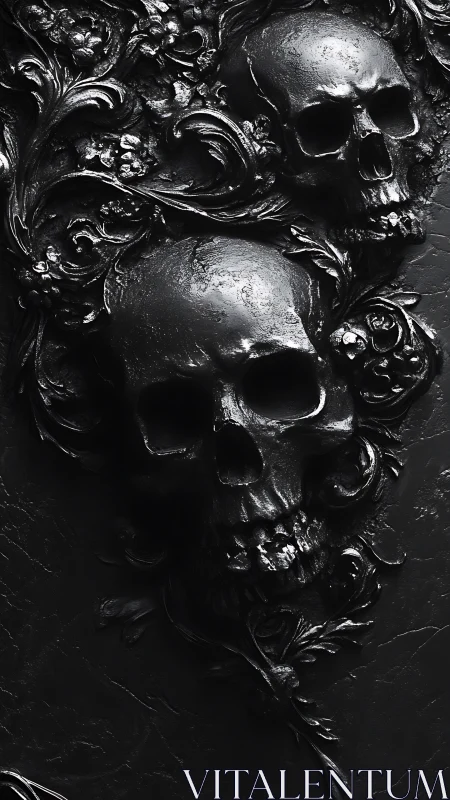 Midnight skull relief entwined in baroque obsidian florals.